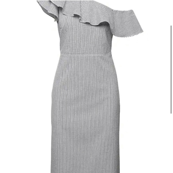 Banana Republic Size 2 Pinstripe One Shoulder Stretch Cotton Dress - Picture 4 of 14